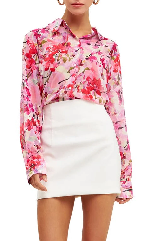 Endless Rose Floral Print Oversize Shirt in Pink Multi at Nordstrom, Size X-Small