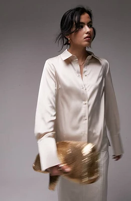 Topshop Long Sleeve Satin Button-Up Shirt Gold at Nordstrom, Us