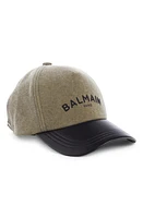 Balmain Embroidered Logo Lambskin Leather & Cotton Canvas Baseball Cap in Ubk Khaki/Black at Nordstrom