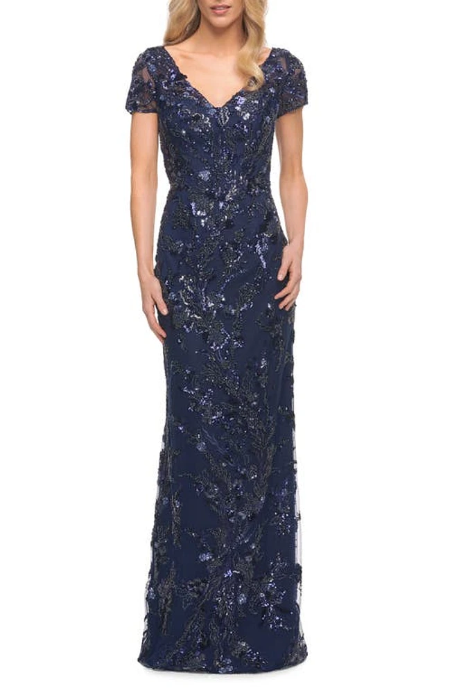 La Femme Beaded Column Gown Navy at Nordstrom,