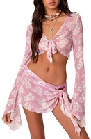 EDIKTED Hibiscus Print Tie Front Mesh Cover-Up Crop Top Pink at Nordstrom,