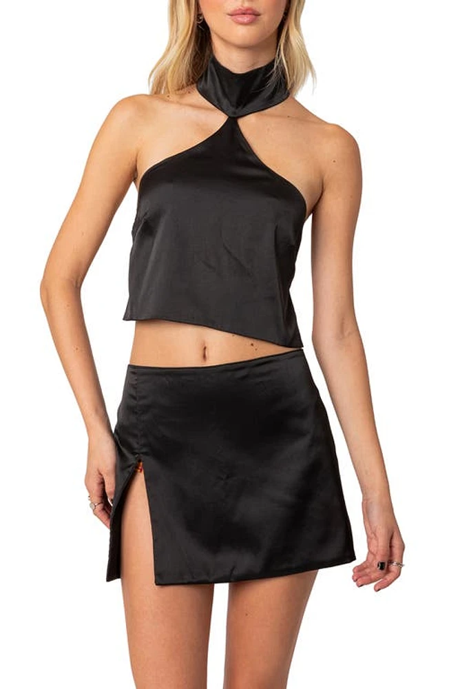 EDIKTED Daina Satin Halter Crop Top Black at Nordstrom,