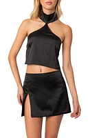 EDIKTED Daina Satin Halter Crop Top Black at Nordstrom,