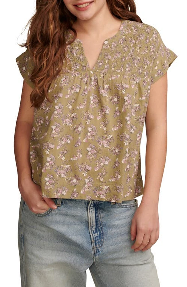 Lucky Brand Print Smocked Top Green Multi at Nordstrom,