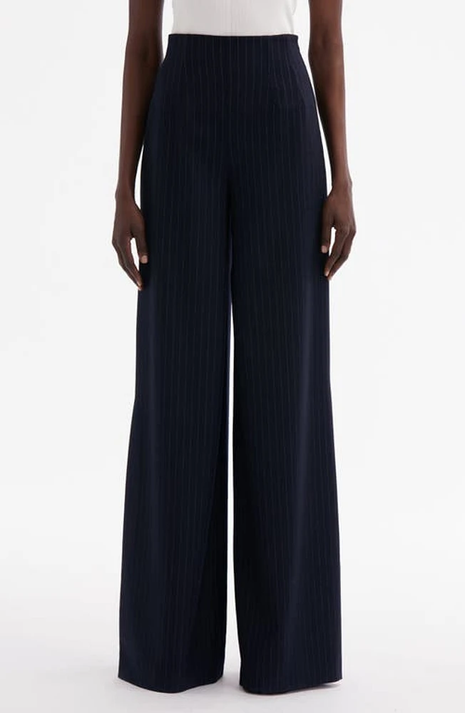 Oscar de la Renta Pinstripe Stretch Wool Wide Leg Pants Navy/White at Nordstrom,