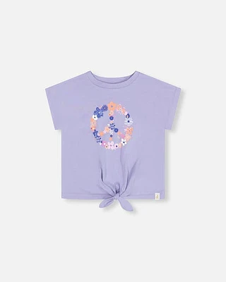 Deux Par Deux Little Girl's Organic Cotton Top With Print And Knot Grey Blue at Nordstrom