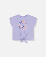 Deux Par Deux Little Girl's Organic Cotton Top With Print And Knot Grey Blue at Nordstrom