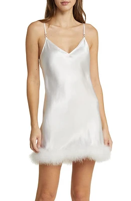 Bloom by Jonquil Hope Faux Feather Trim Satin Chemise Ivory at Nordstrom,