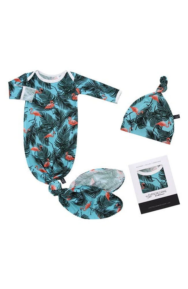 Peregrine Kidswear Flamingo Newborn Knot Gown & Hat Set in Teal /Multi at Nordstrom