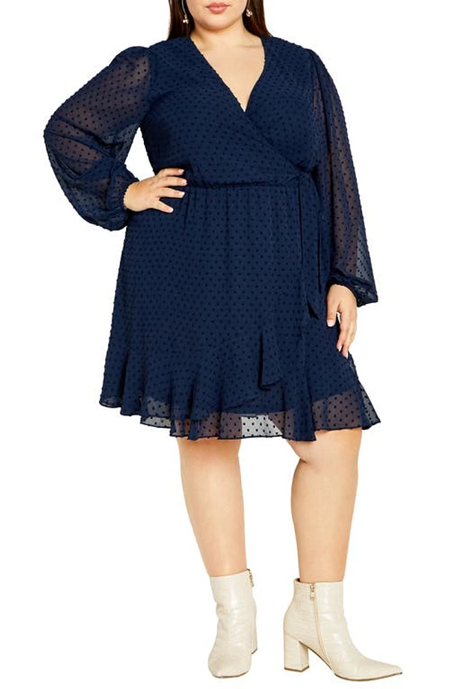 City Chic Long Sleeve Dobby Faux-Wrap Dress True Navy at