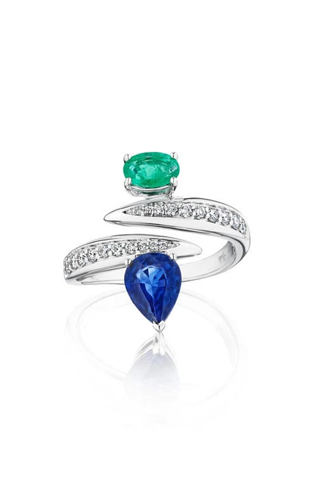 Hueb Blue Sapphire & Emerald Bypass Ring in White Gold at Nordstrom, Size 7