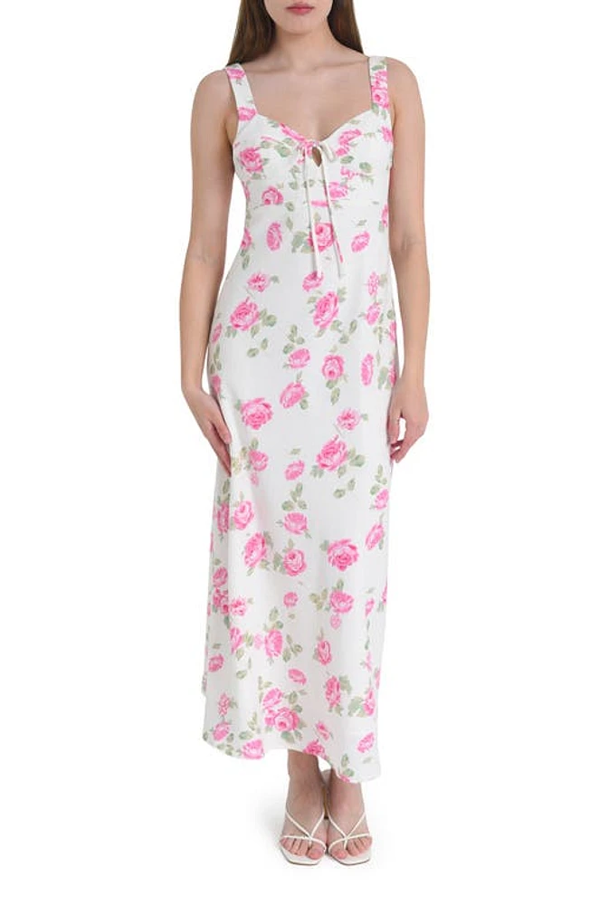 WAYF Romeo Floral Linen Blend Midi Dress Ivory Roses at Nordstrom,