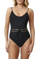 PQ SWIM Link Belted One-Piece Swimsuit Black at Nordstrom,