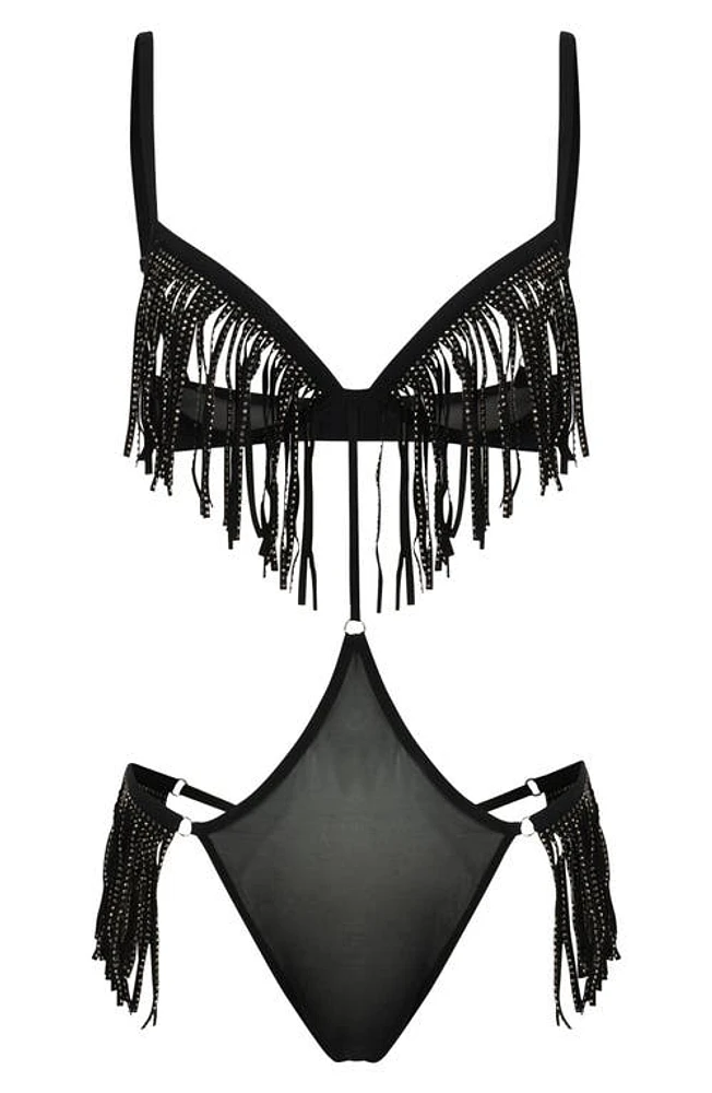 Love, Vera Fringe Rhinestone Cutout Mesh Teddy at Nordstrom