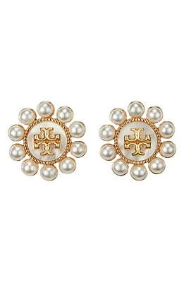 Tory Burch Kira Imitation Pearl Logo Stud Earrings in Tory Gold /Cream at Nordstrom