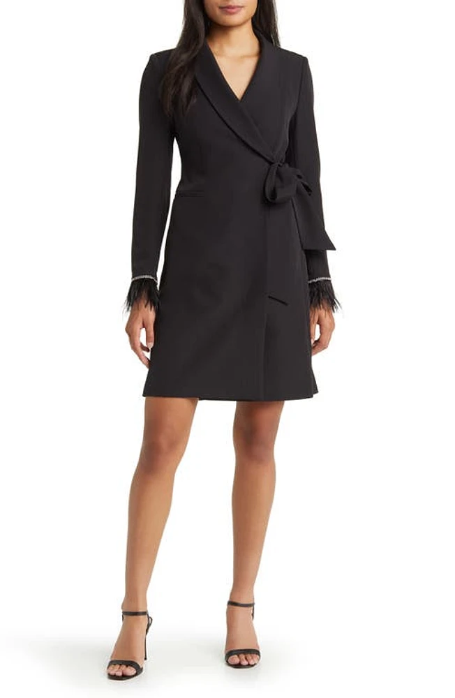 Tahari ASL Feather Cuff Long Sleeve Wrap Blazer Dress Black at Nordstrom,