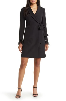 Tahari ASL Feather Cuff Long Sleeve Wrap Blazer Dress Black at Nordstrom,