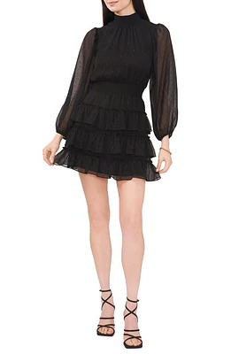 1.STATE Metallic Dot Ruffle Long Sleeve Minidress Rich Black at Nordstrom,