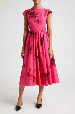 Erdem Floral Print Pleated Cotton Faille A-Line Midi Dress in Cerise at Nordstrom, Size 4 Us