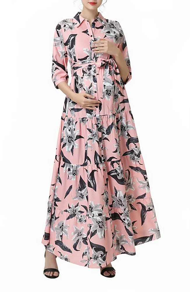 Kimi and Kai Cora Floral Belted Maternity/Nursing Maxi Dress Pink at Nordstrom,