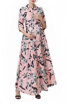 Kimi and Kai Cora Floral Belted Maternity/Nursing Maxi Dress Pink at Nordstrom,