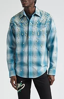 AMIRI Floral & Crystal Embellished Plaid Flannel Button-Up Shirt Blue at Nordstrom,