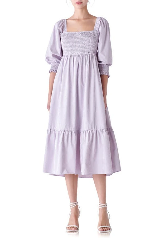 English Factory Gingham Smocked Puff Sleeve Midi Dress Lilac/Blush at Nordstrom,