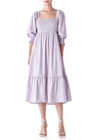 English Factory Gingham Smocked Puff Sleeve Midi Dress Lilac/Blush at Nordstrom,