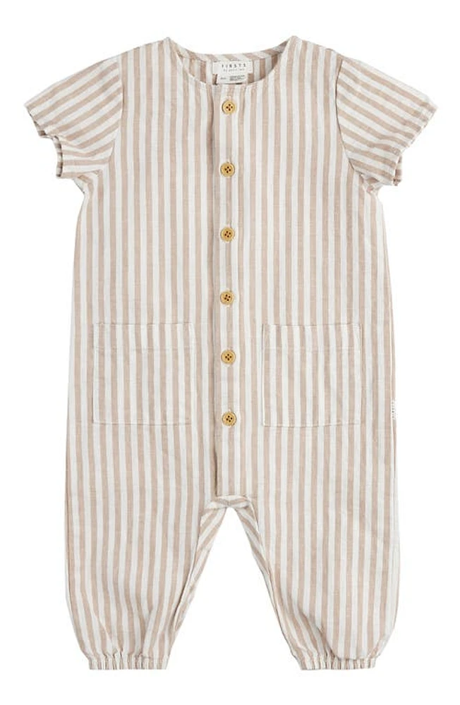 FIRSTS by Petit Lem Stripe Linen & Cotton Button-Up Romper Sand at Nordstrom,