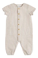 FIRSTS by Petit Lem Stripe Linen & Cotton Button-Up Romper Sand at Nordstrom,