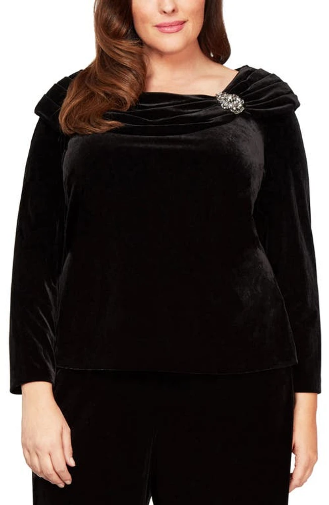 Alex Evenings Ruched Collar Velvet Top in Black at Nordstrom, Size 2X