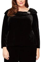 Alex Evenings Ruched Collar Velvet Top in Black at Nordstrom, Size 2X