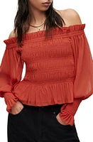 AllSaints Lara Shirred Off-The-Shoulder Peplum Top Red Clay at Nordstrom, Us