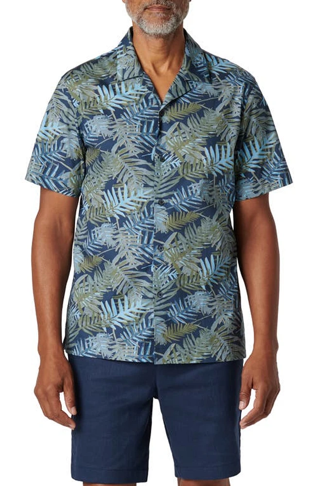 Bugatchi Orson Frond Print Shaped Fit Camp Shirt Navy at Nordstrom,