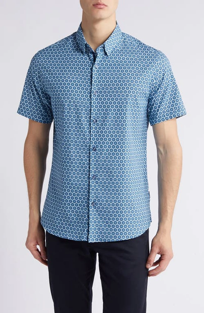 Stone Rose Sun Hex Trim Fit Short Sleeve Stretch Button-Up Shirt Navy at Nordstrom,