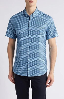 Stone Rose Sun Hex Trim Fit Short Sleeve Stretch Button-Up Shirt Navy at Nordstrom,