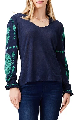 NIC+ZOE Oceanic Jacquard Sleeve Linen Blend Sweater Indigo Multi at Nordstrom,