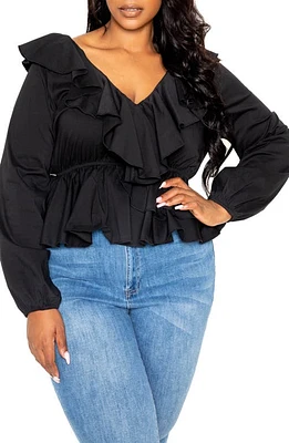 BUXOM COUTURE Ruffle Long Sleeve Peplum Blouse at Nordstrom, X