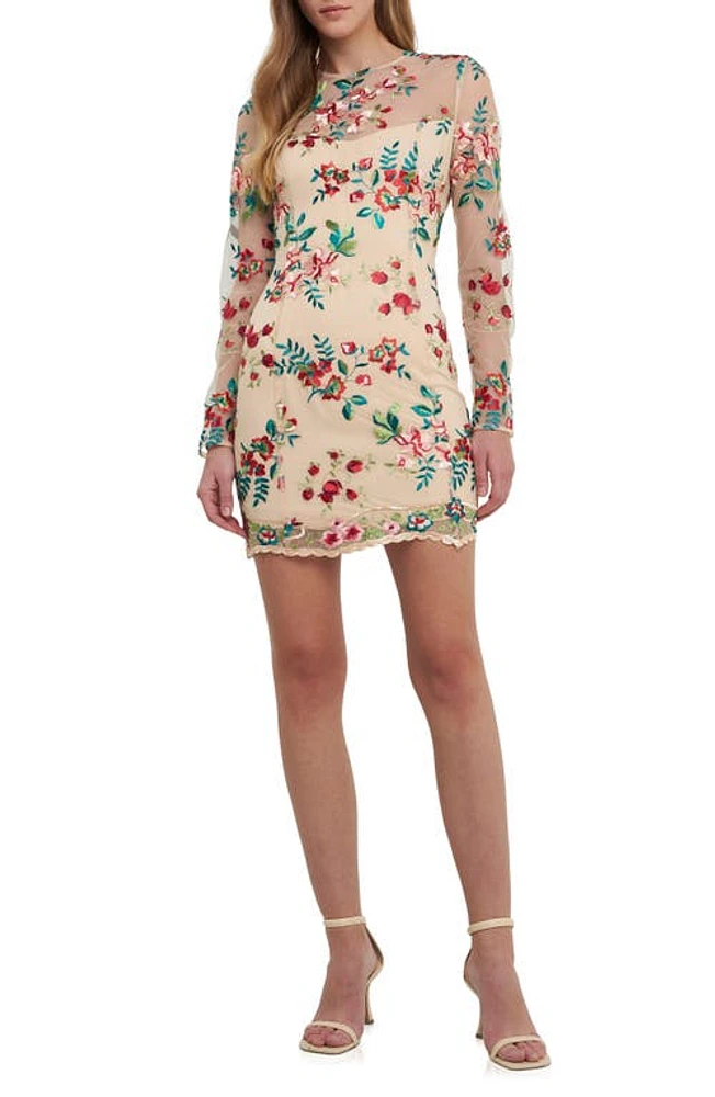 Endless Rose Floral Embroidered Long Sleeve Sheath Dress Pink Multi at Nordstrom,