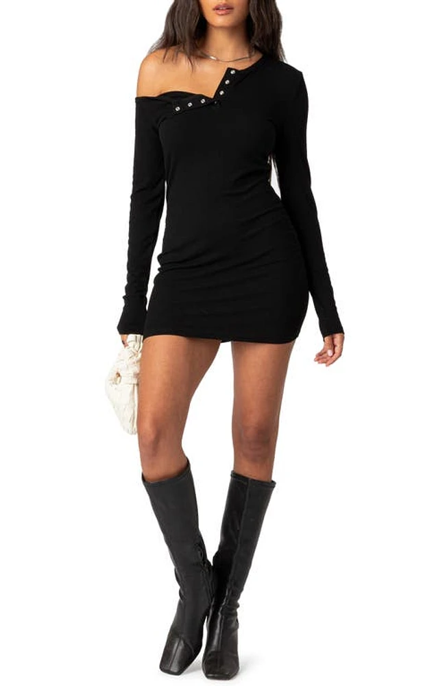 EDIKTED Soleste Long Sleeve Rib Henley Minidress in Black at Nordstrom, Size X-Small