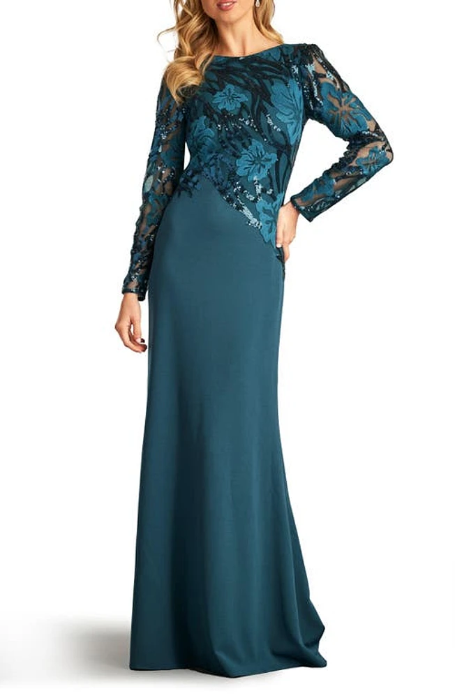 Tadashi Shoji Sequin Floral Jacquard Long Sleeve Gown Eclipse at Nordstrom,