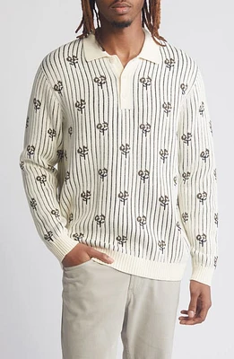 Percival Picnic Floral Jacquard Long Sleeve Cotton Polo Sweater Ecru at Nordstrom, R