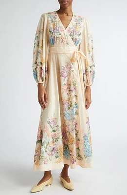 Zimmermann Halliday Floral Long Sleeve Wrap Dress Cream Watercolour at Nordstrom,