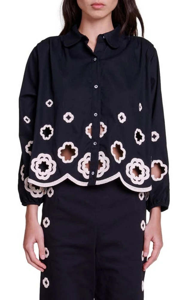 maje Raie Crochet Accent Button-Up Cotton Shirt Black at Nordstrom,