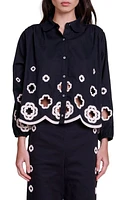 maje Raie Crochet Accent Button-Up Cotton Shirt Black at Nordstrom,