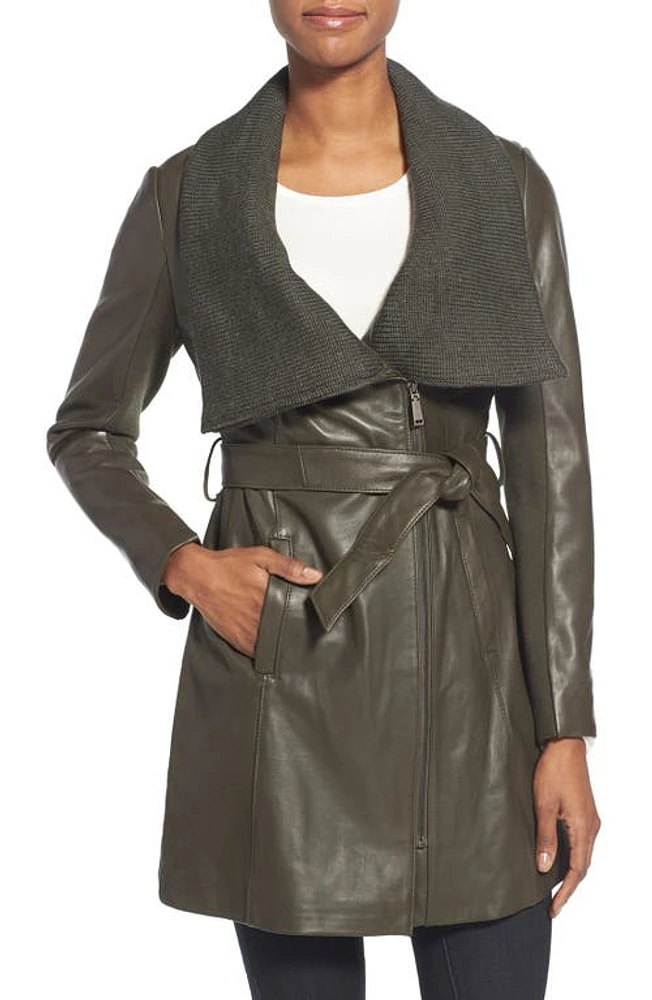 Elie Tahari 'Alexandra' Knit Collar Belted Leather Coat in Loden at Nordstrom, Size Large