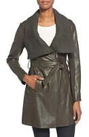 Elie Tahari 'Alexandra' Knit Collar Belted Leather Coat in Loden at Nordstrom, Size Large