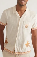 Marine Layer Embroidered Stretch Cotton Camp Shirt Natural/Coral at Nordstrom,