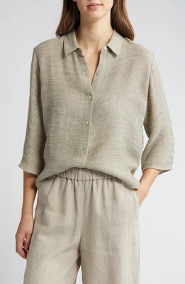 Eileen Fisher Jacquard Organic Linen Blend Button-Up Shirt Natural White at Nordstrom,