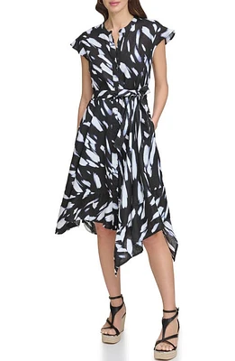 DKNY Print Cap Sleeve Linen Shirtdress Black/Wave Blue Multi at Nordstrom,